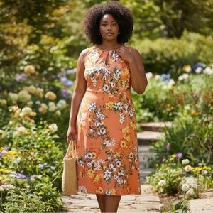 London Times Women's Dress Sleeveless Fit and Flare, Floral, Color Coral, Sz 16W